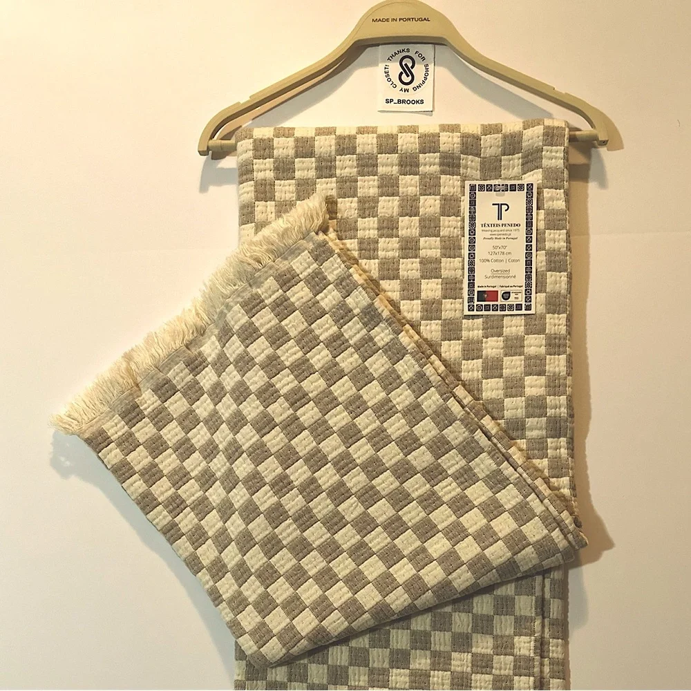 🎁Texteis Penedo Throw Blanket - Mini Check Throw - Taupe & Oatmeal Cotton Check